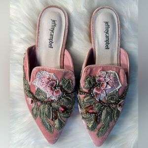 Jeffrey Campbell Velvet Pink Embroidered Women's Pointed Toe Mules Flats
